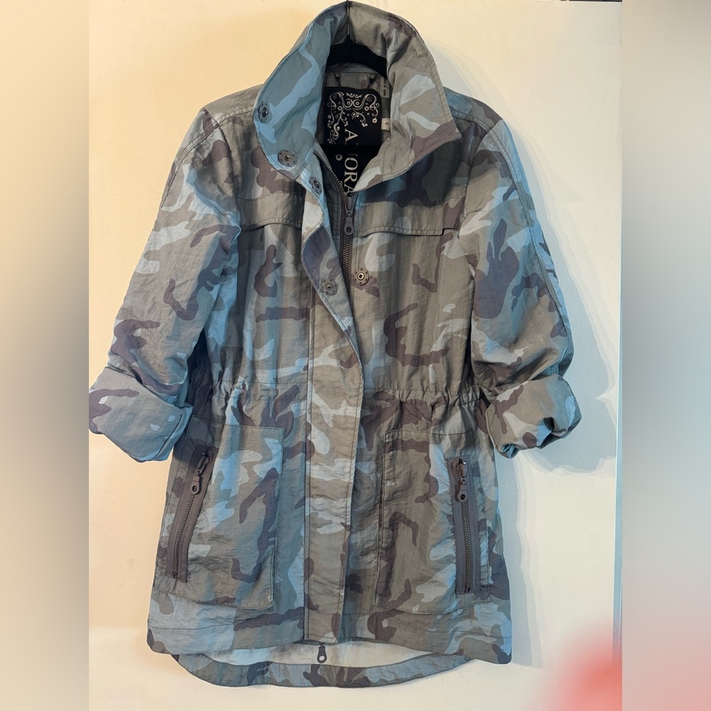 Anorak Blue & Gray Camo Zip up Hooded DrawString Long Sleeve Jacket
